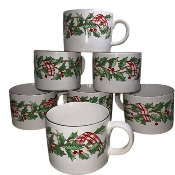 Majesticware Holiday Ribbon Stoneware Coffee Cups Holly Berry Design Set Of 6 - Picture 1 of 6